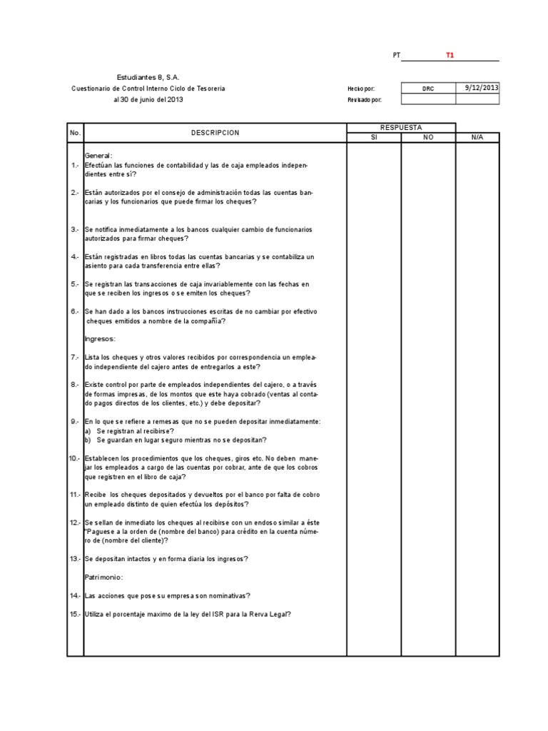 Cuestionario y Auditoría de Tesorería | PDF | Contabilidad | Cheque