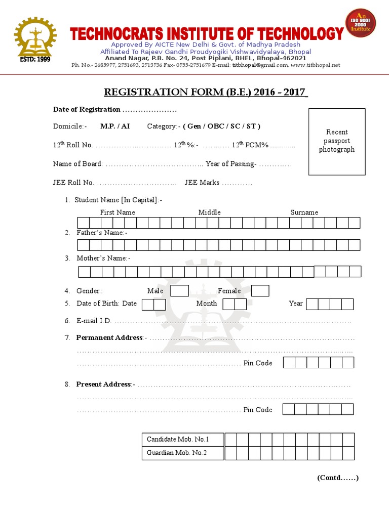 Registration Form for B.E., MCA, MBA 2016 | PDF | Vocational Education ...