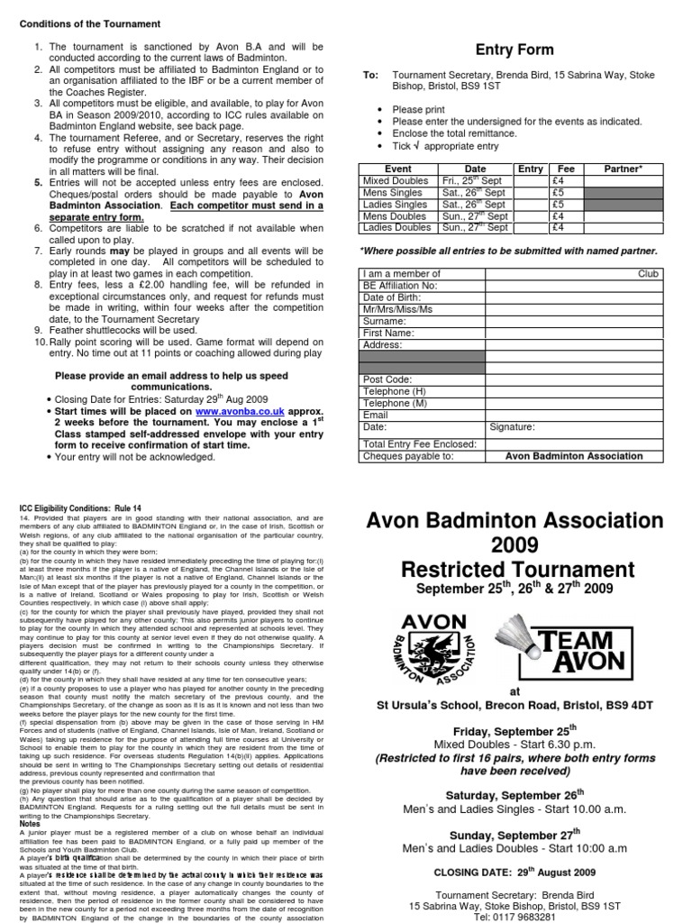 Avon Badminton Tournament Entry Form | PDF