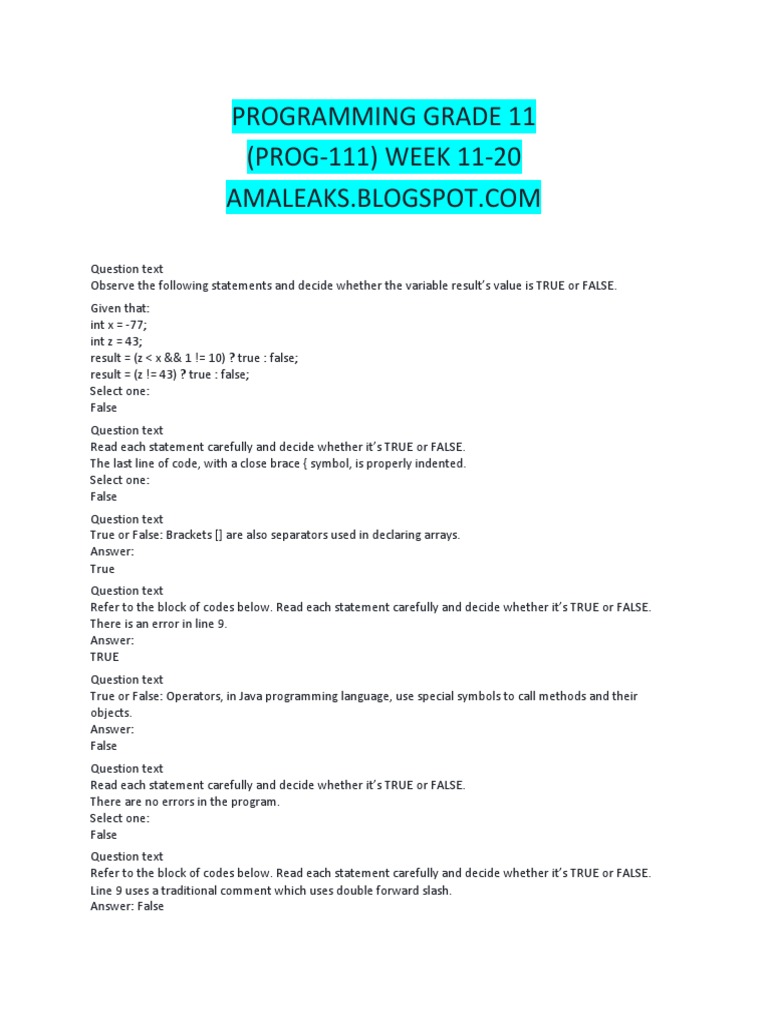 Java Programming True/False Quiz | PDF | Class (Computer Programming ...