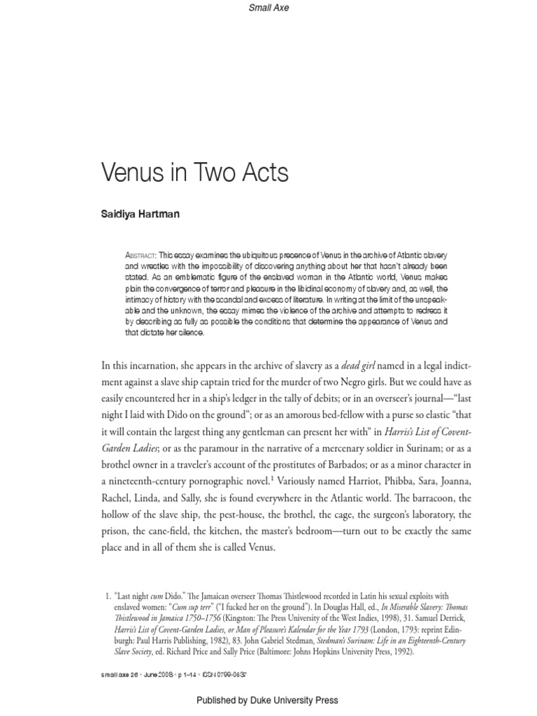 Venus in Two Acts HARTMAN PDF Narrative Slavery