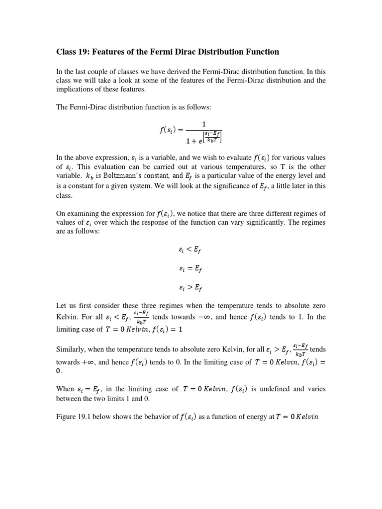 Class 19: Features of The Fermi Dirac Distribution Function | PDF ...