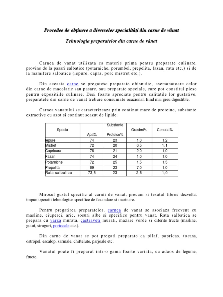 Procedeul de Obtinere Al Diverselor Preparate Din Carne de Vanat | PDF