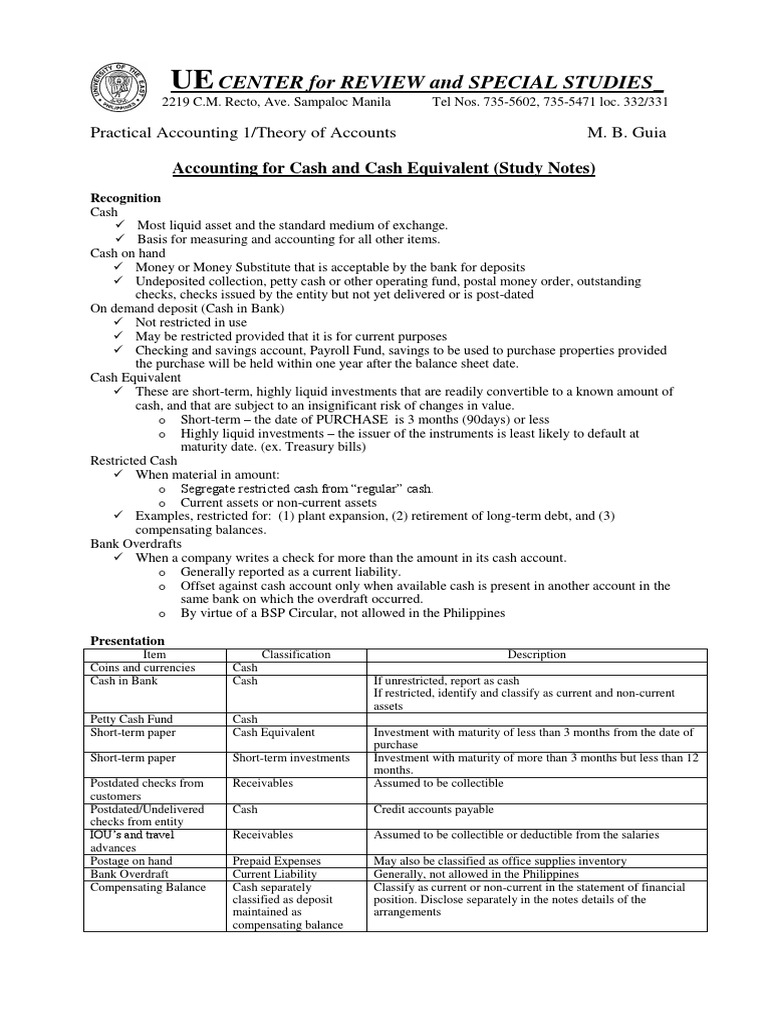 Cash and Cash Equivalent PDF Debits And Credits Deposit Account