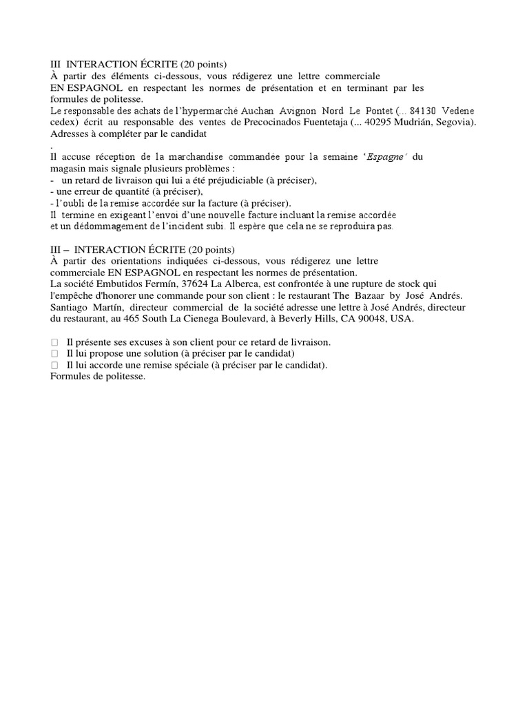 Lettre Commerciale Espagnol Bts Ci Nouvelles Espagnol | PDF
