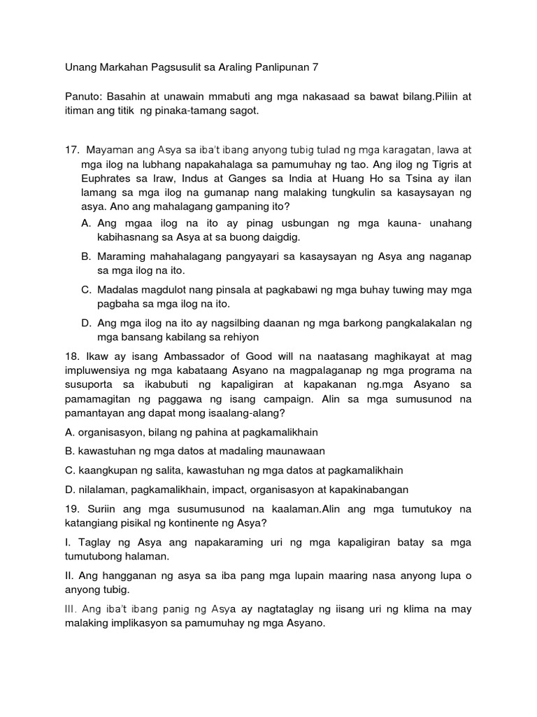 Unang Lagumang Pagsusulit Sa AP 7 | PDF