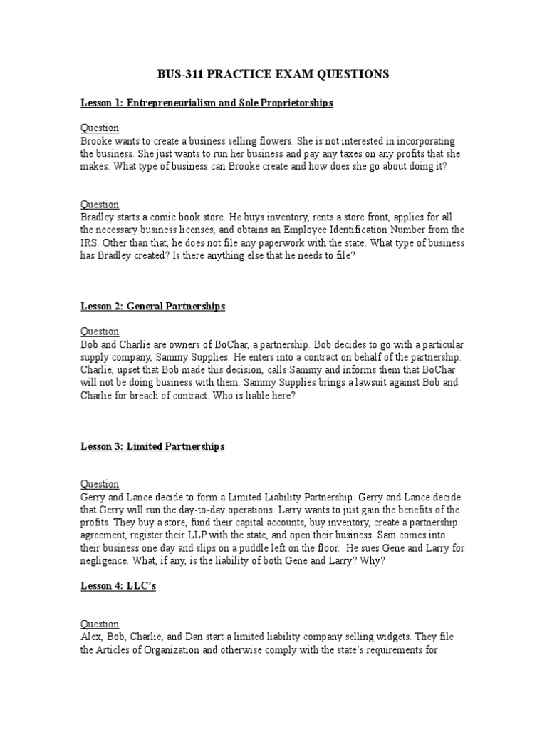 Practice Questions Without Sample Answers Business Law | PDF | Stocks ...