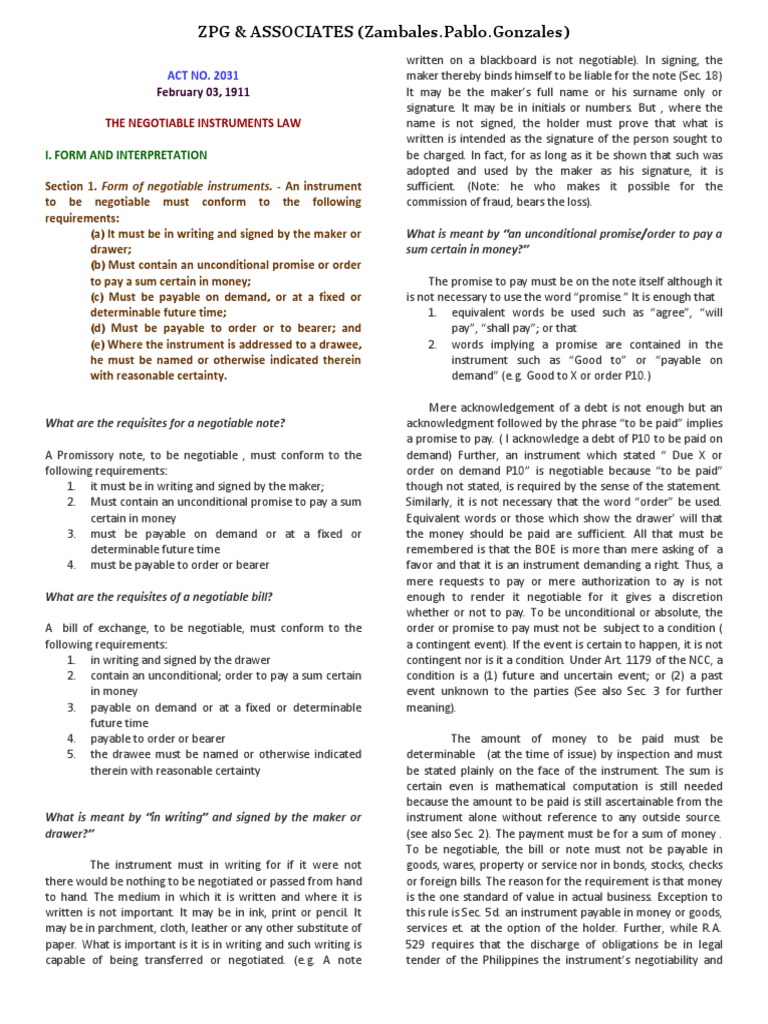 Negotiable Instrument Law Philippines PDF PDF Promissory Note
