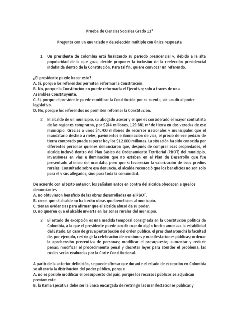 Prueba de Ciencias Sociales Grado 11 | PDF | Colombia | Alcalde