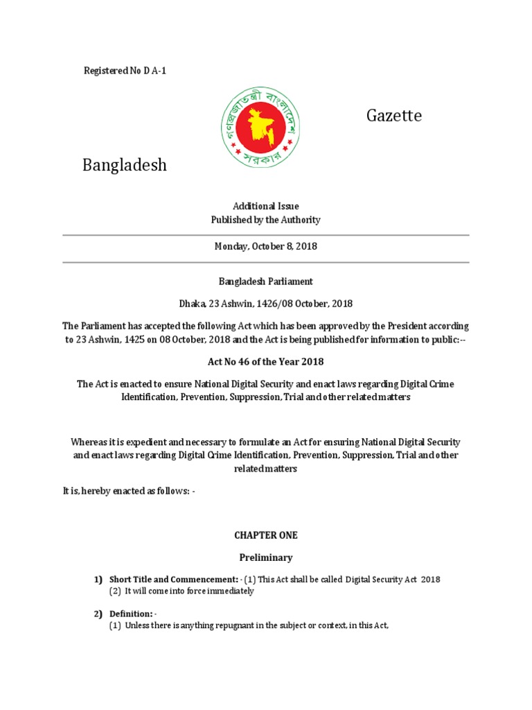 Digital Security Act 2018 English Version PDF PDF Computer Security