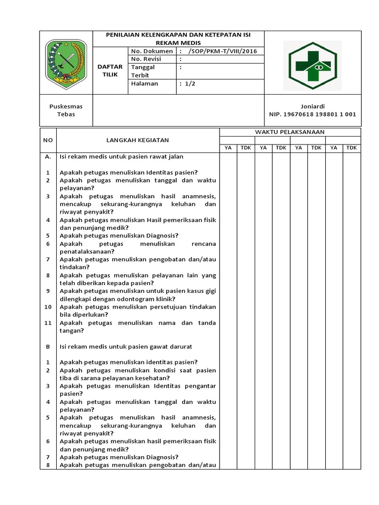 Daftar Tilik Sop Penilaian Kelengkapan Dan Ketepatan Isi Rekam Medis Docx