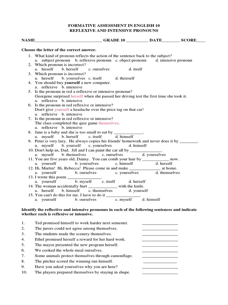 Reflexive And Intensive Worksheet Grammatical Number Linguistics