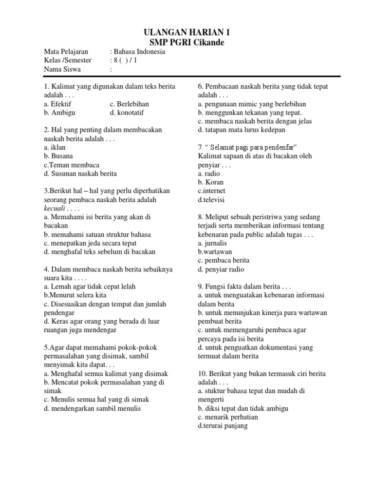 Soal Bahasa Indonesia Bab Berita Pdf