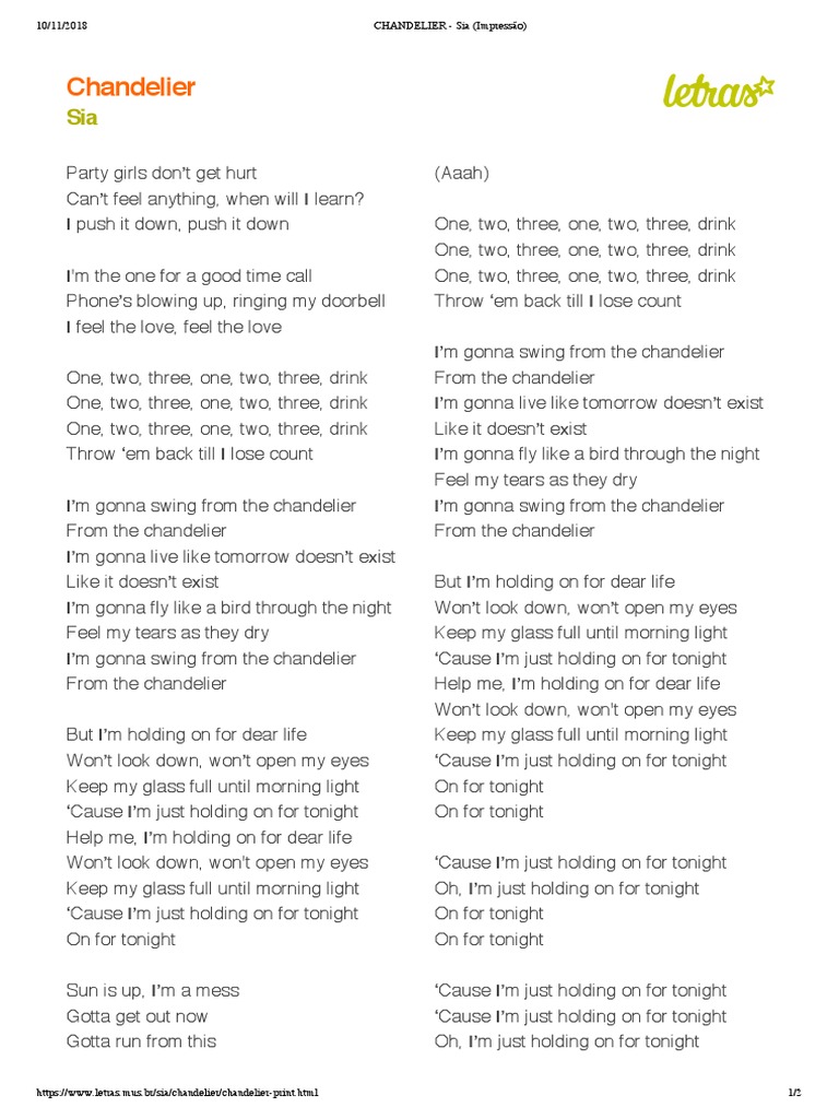 CHANDELIER - Sia (Impressão) PDF | PDF | Song Recordings Produced | Songs  Written
