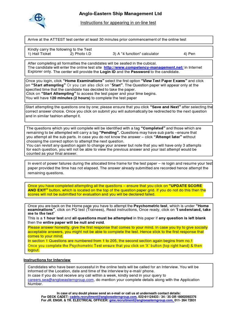 Online Test Instructions for Anglo-Eastern | PDF | Test (Assessment ...