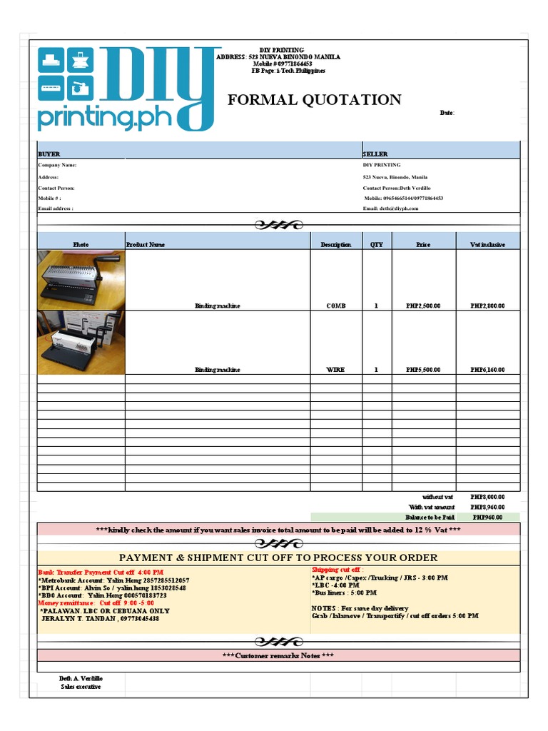 Binding Machine Quotation PDF Value Added Tax Service Industries
