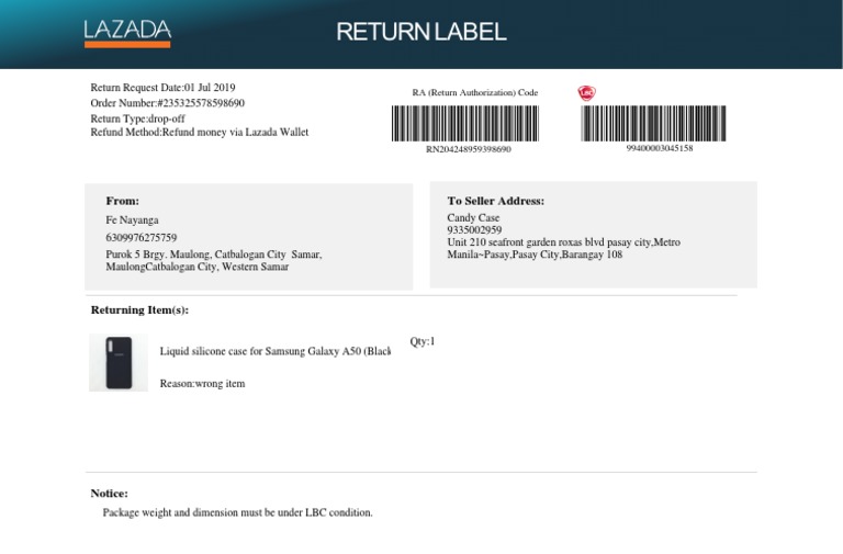 Return Label for Samsung A50 Case | PDF