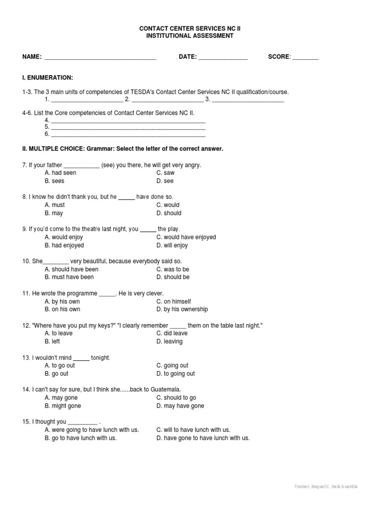 Contact Center Services NC II Assessment | PDF | Call Centre | Speech ...