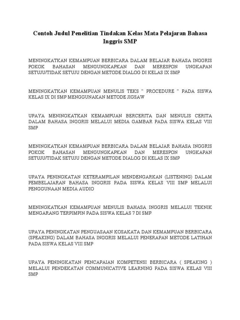 Contoh Judul PTK Bahasa Inggris SMP PDF
