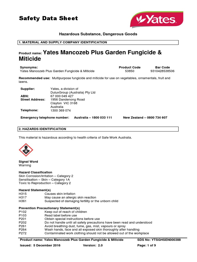 Yates Mancozeb Plus Garden Fungicide & Miticide Safety Data Sheet