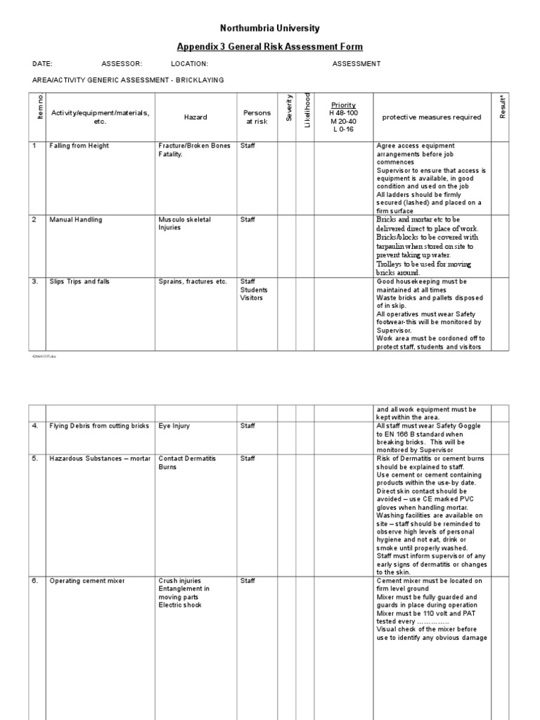 Bricklaying Risk Assessment Template | PDF | Brick | Risk Assessment