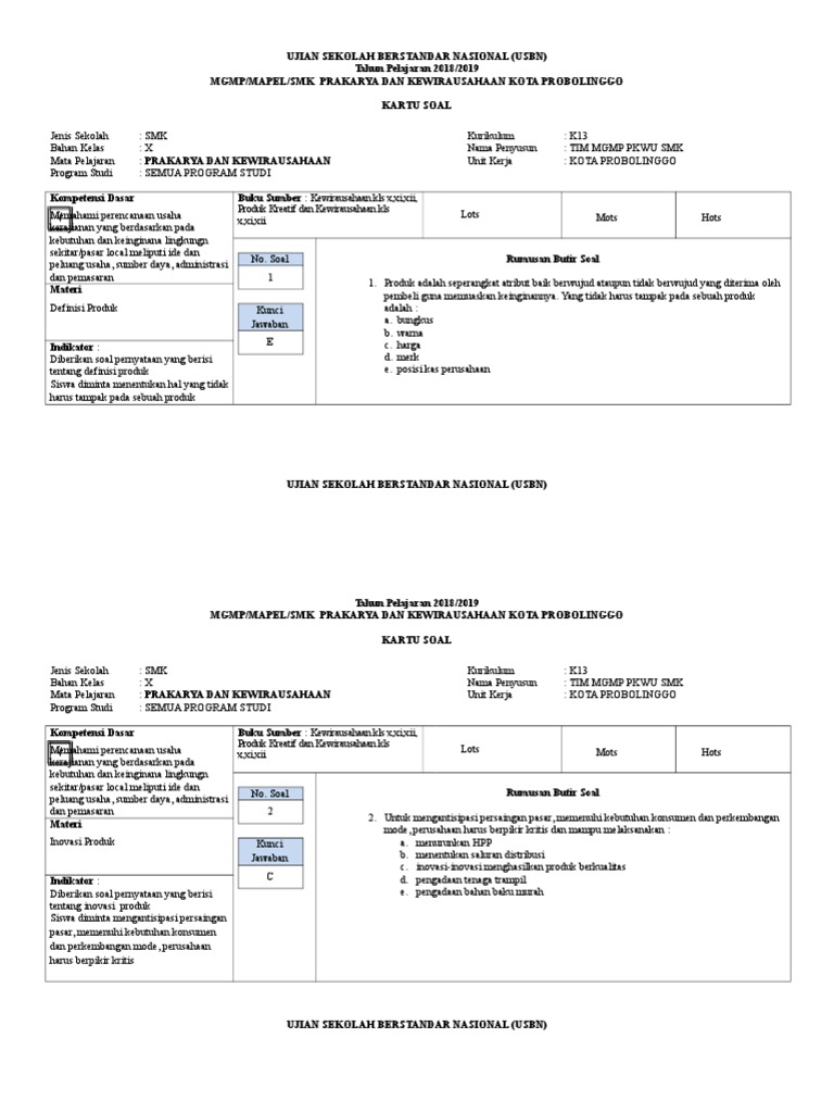 100 Soal Prakarya Dan Kewirausahaan Kls 12 Usbn