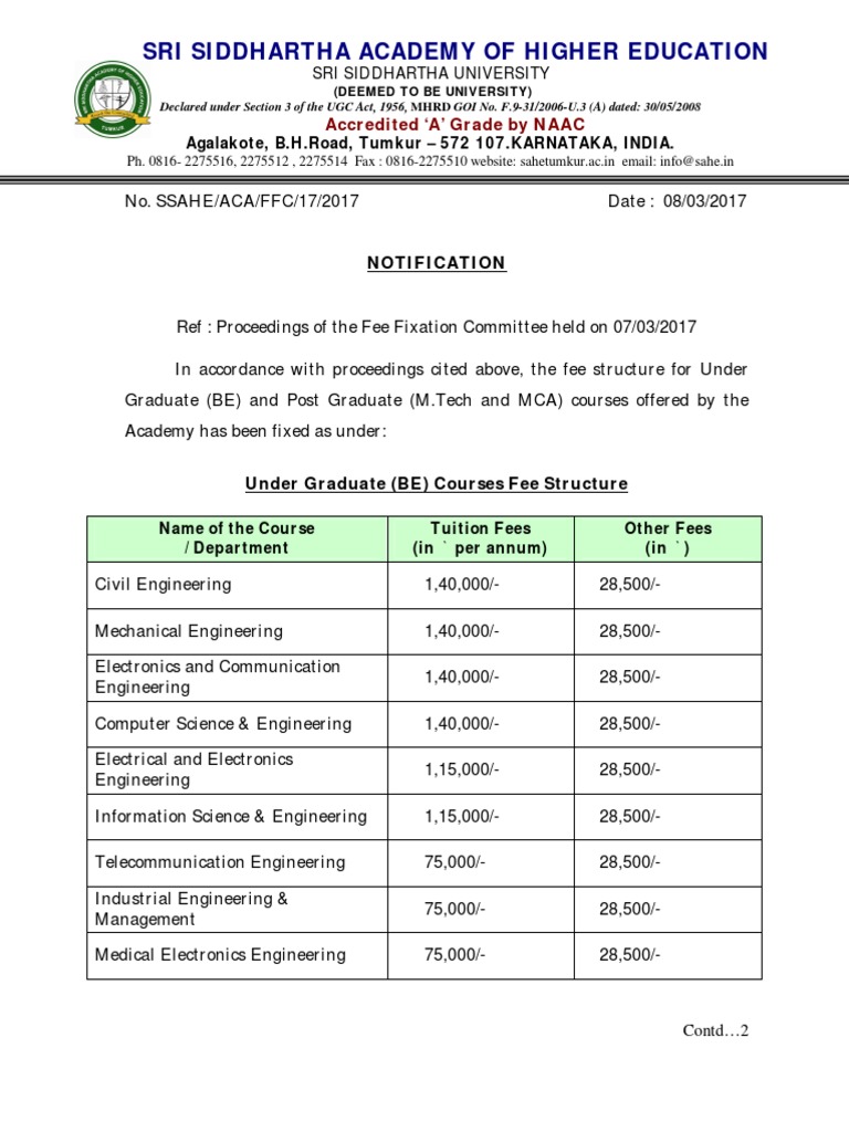 Fee Structure for BE and M.Tech Courses | PDF | Engineering | Academia