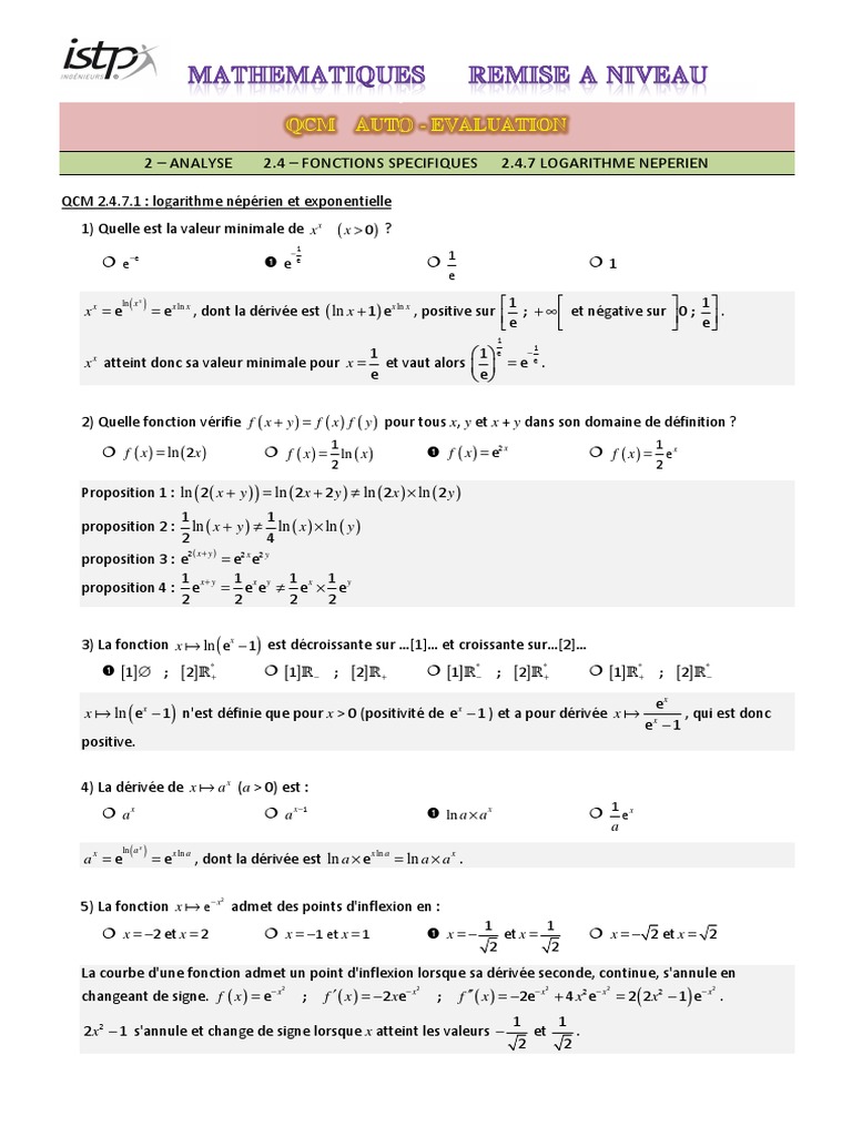 Qcm 2471 Fonctions Ln Et Exp Corr Tangente Geometrie Courbe