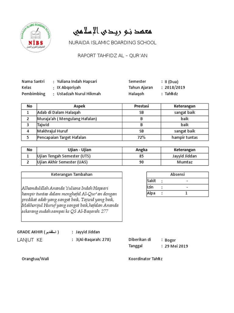 Contoh Aplikasi Raport Tahfidz Excel Pdf