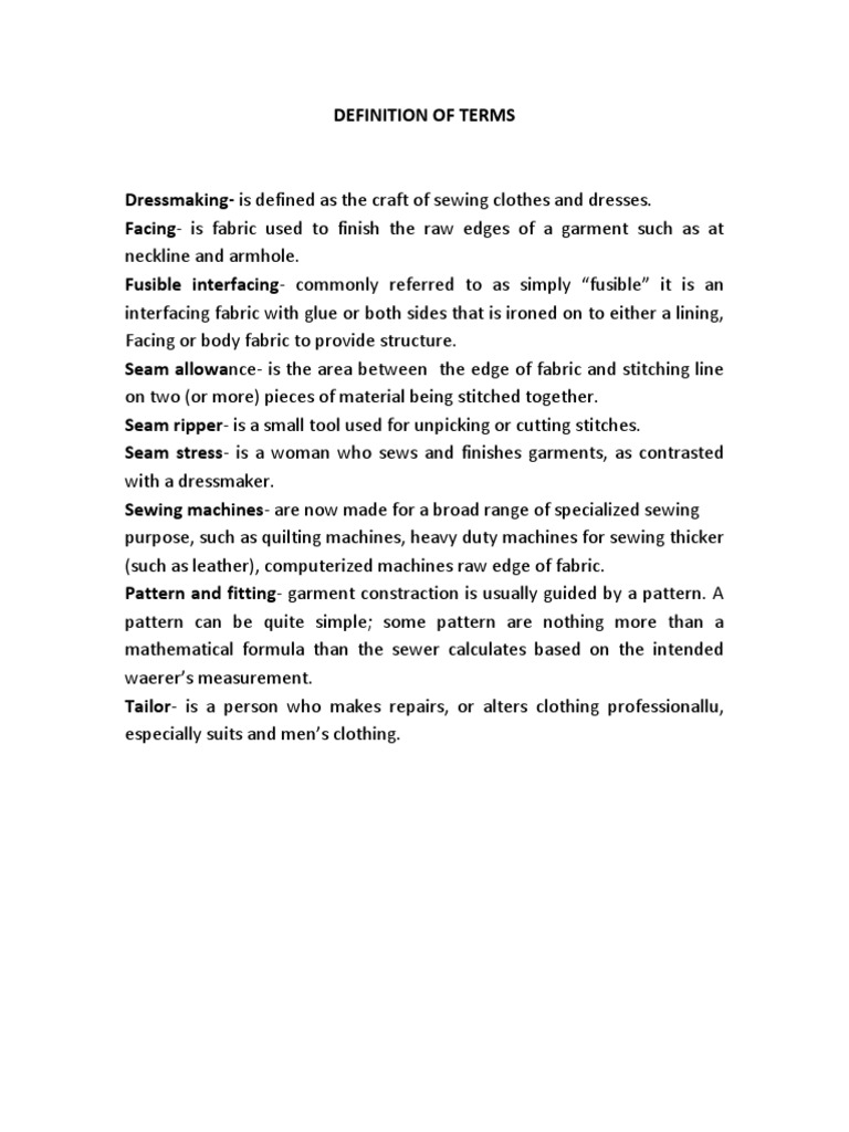 Definition of Terms PDF Sewing Seam (Sewing)