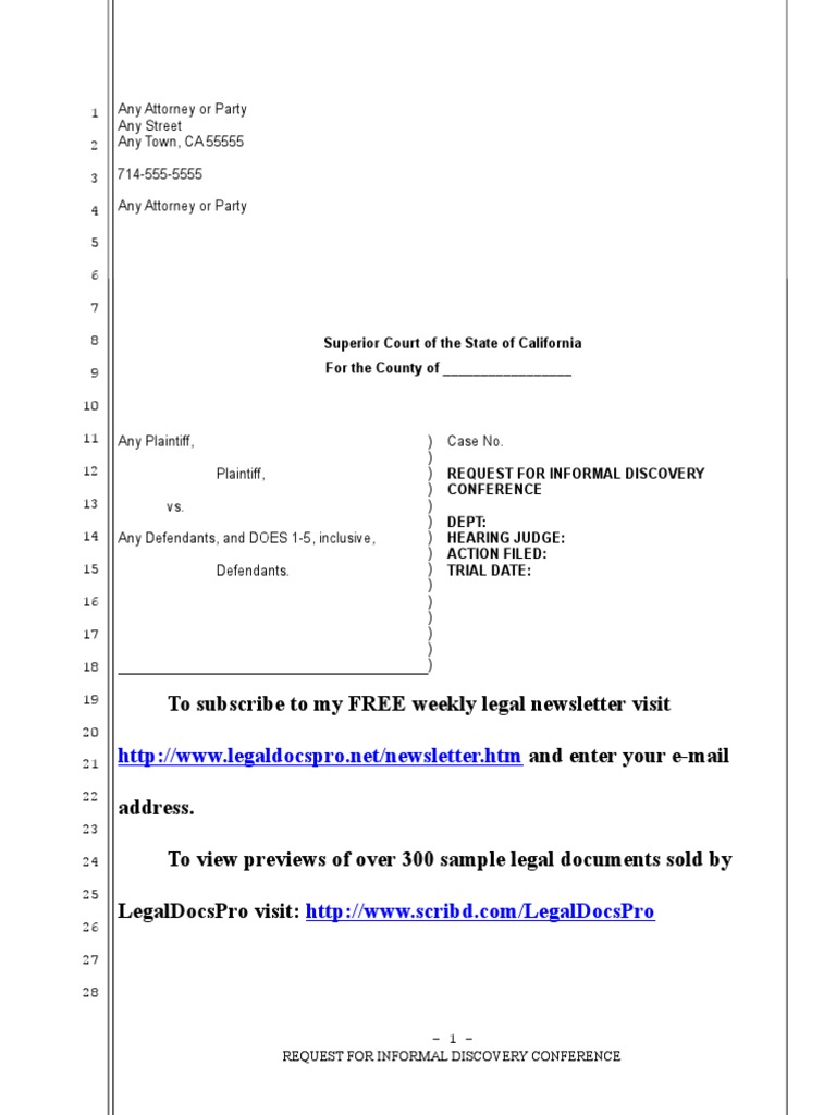 Sample Request for Informal Discovery Conference in California