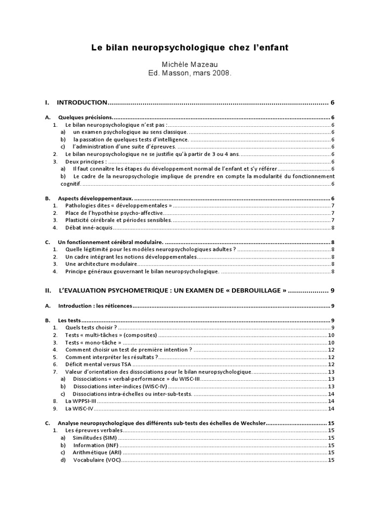 Le bilan neuropsychologique chez l’enfant  Neuropsychologie  Mémoire