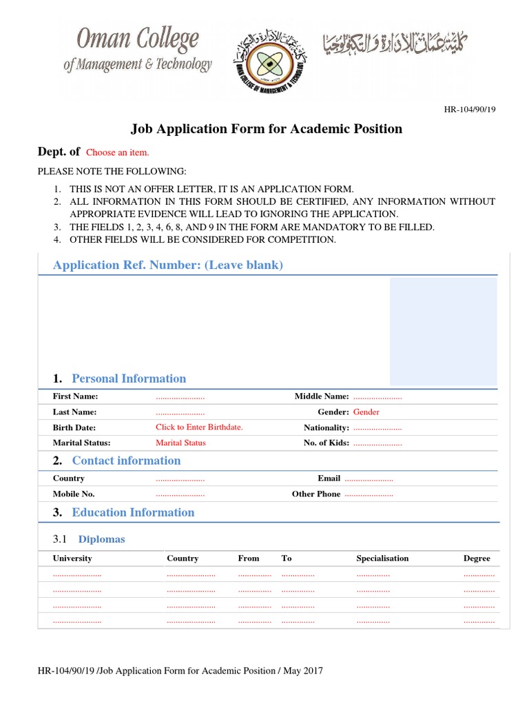 HR-104!90!20 Job Application Form For Academic Position | PDF ...