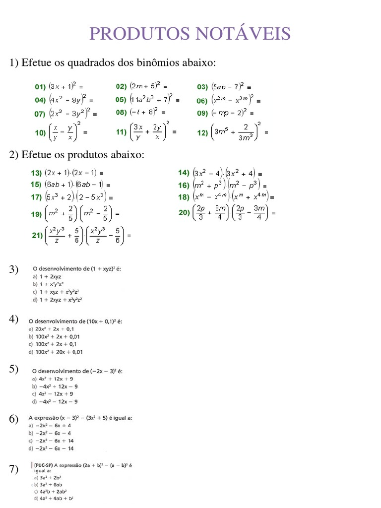 Exercícios de Produtos Notáveis 8º Ano | PDF | Casa e Jardim | Computadores