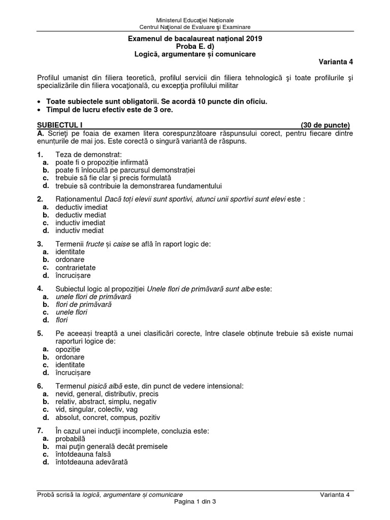 Subiecte Logică BAC 2019 | PDF