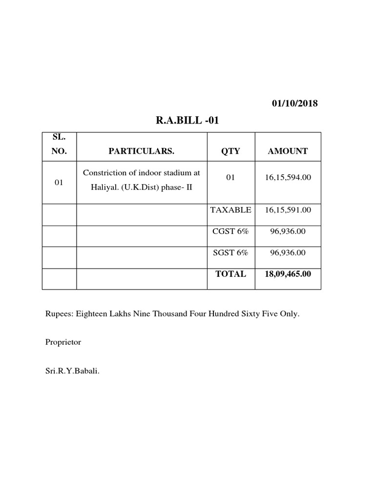 R.A.BILL - 01: SL. NO. Particulars. QTY Amount | PDF