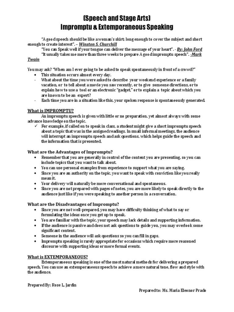 Iae Copy Speech And Stage Arts Docx Improvisation Public Speaking