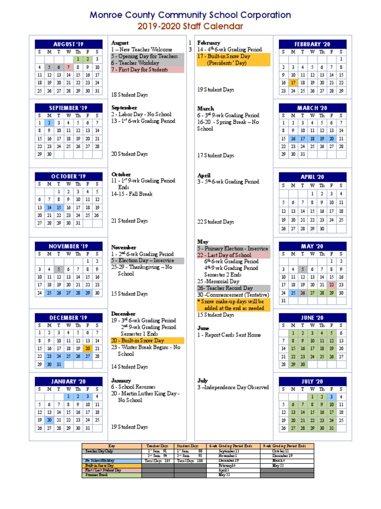 Mccsc 2019-2020 Calendar | Pdf | Academic Term | Educational Organizations