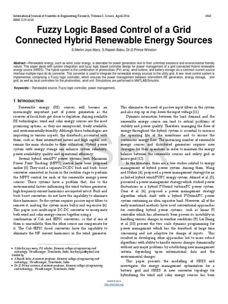 Ijser: Fuzzy Logic Based Control of A Grid Connected Hybrid Renewable ...