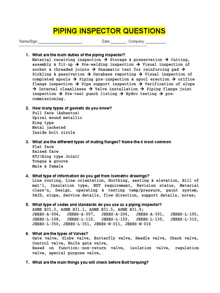 Piping Inspector Interview Questions | PDF | Pipe (Fluid Conveyance ...