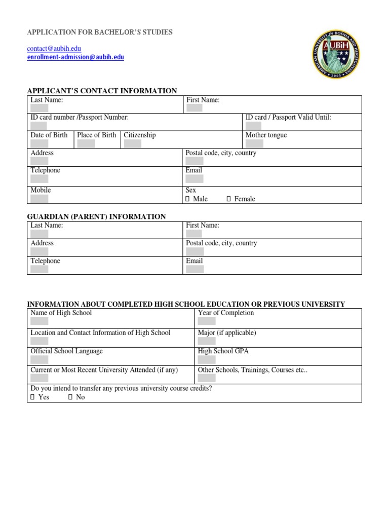 AUBiH Bachelor’s Studies Application Form | PDF | Bachelor's Degree ...