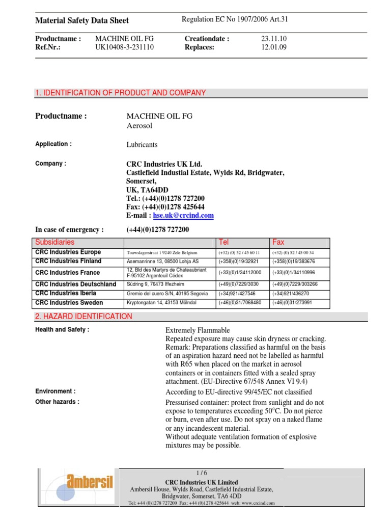 Oil Machine Msds Firefighting Carbon Dioxide