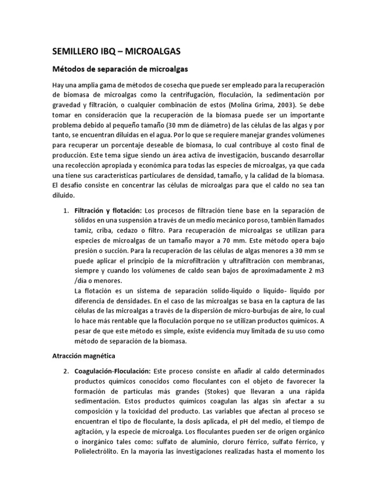 Métodos Eficaces para Cosecha de Microalgas | PDF | Filtración | Aluminio
