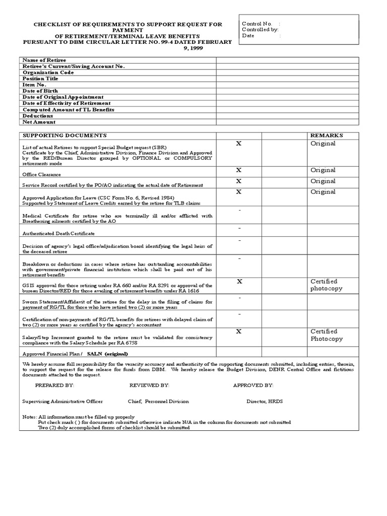 Checklist of Requirements For Terminal Leave Benefits PDF