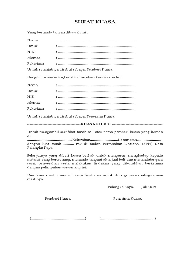 Surat Kuasa Pengambilan Sertifikat Tanah | PDF
