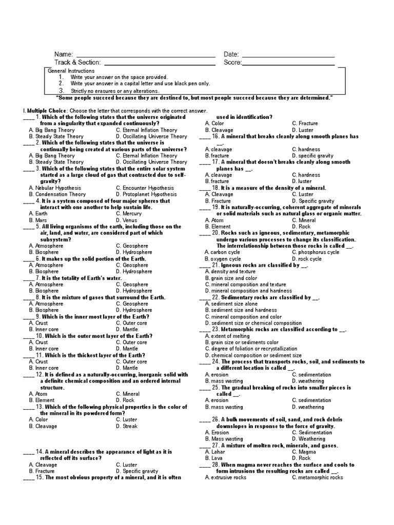 PreTest in Earth and Life Science (Answer Key) PDF Rock (Geology) Plate Tectonics