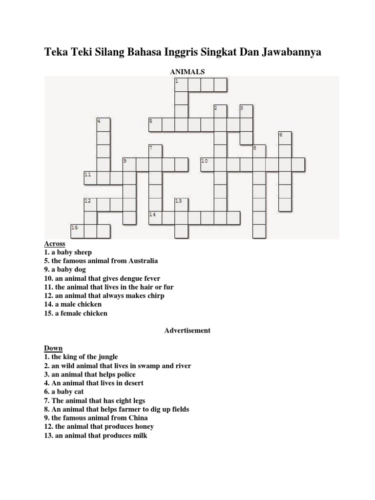 Teka Teki Silang Hewan Bahasa Inggris | PDF