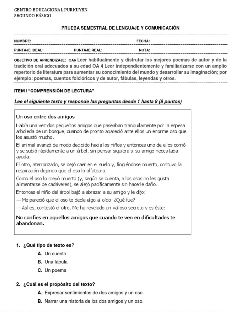 Prueba Semestral de Lenguaje 2° Básico | PDF | Osos | Autor