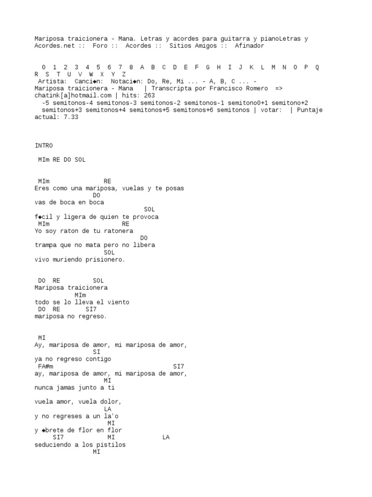 Mariposa Traicionera Mana Letras Y Acordes Para Guitarra Y Piano Guitarras Produccion Musical