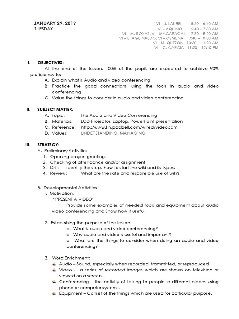 Lesson Plan Audio Video Conferencing PDF Conference Call
